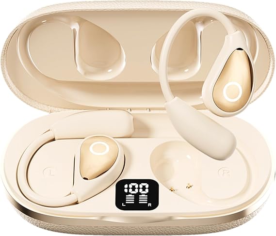 Open Ear Earbuds Wireless Bluetooth Headphones, 60Hrs Playtime, Stereo Sound Over Ear Buds with IPX7 Waterproof Noise Canceling Earphones, Ideal for Fitness, Travel - Off White