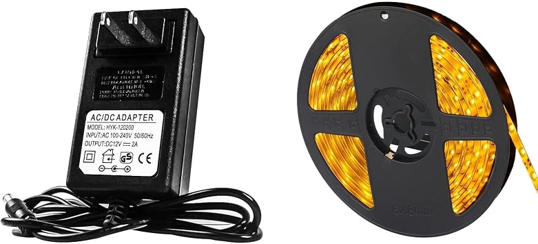 12V 2A Power Adapter and 16.4FT Yellow 3528 LED Strip Lights