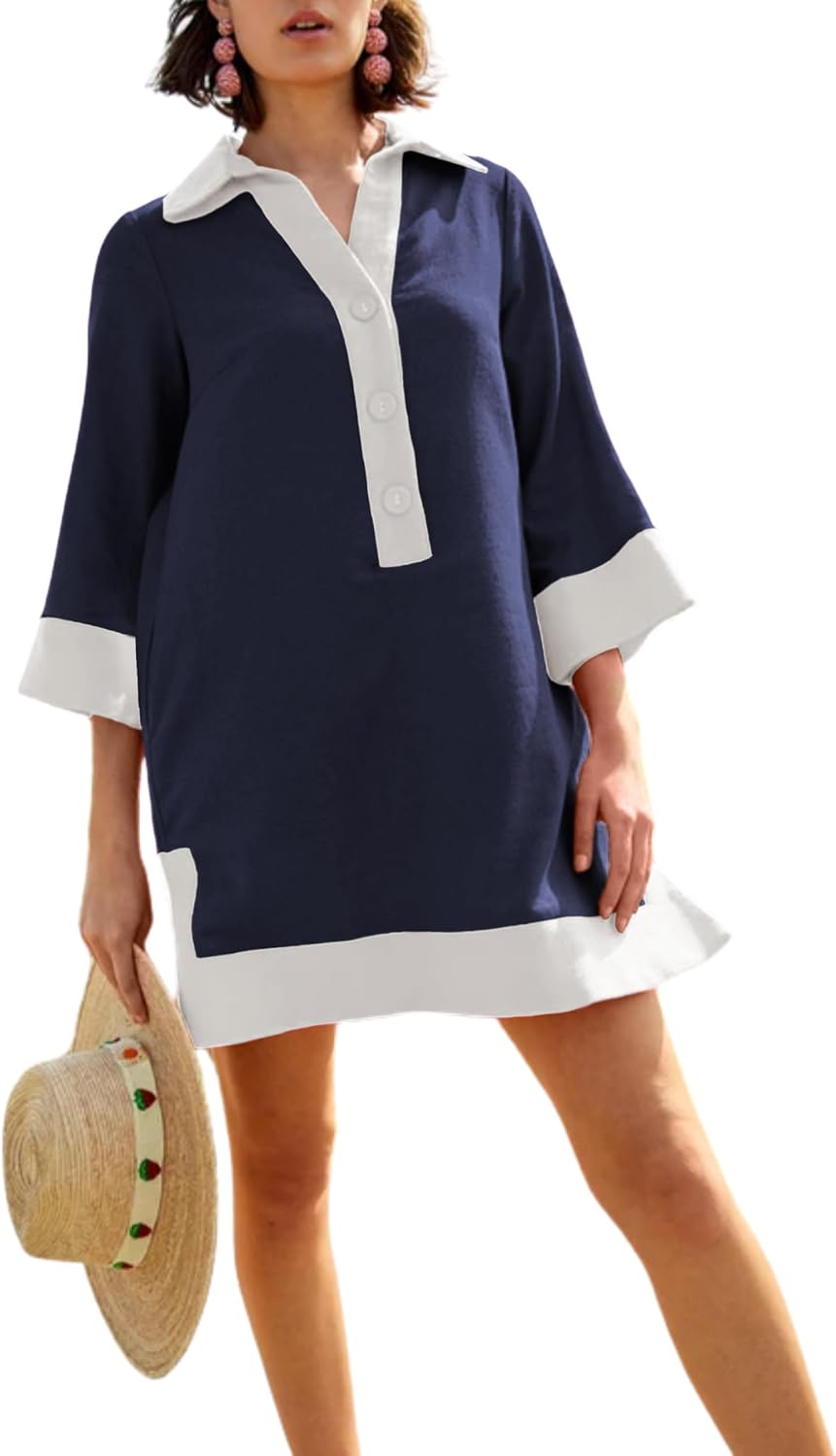 Omoone Swimsuit Coverup for Women Color Block Summer Beach Dresses V Neck Mini Linen Dress Shirts with Pockets