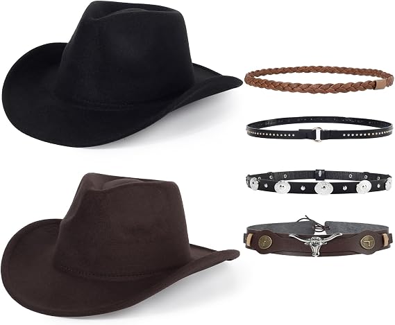 2 Pack Western Cowboy Hats for Women and Men Classic Felt Wide Brim Costume Cow Boy Hat Roll Up Brim Cowgirl Hat Black - Coffee