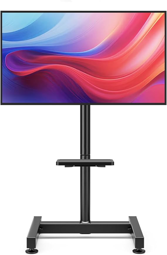 Floor TV Stand with Mount for 13-50 inch Screens, Tilting and Height Adjustable Floor Monitor Stand Mount, Portrait to Landscape, Portable TV Stand with Shelf Holds up to 77lbs Max VESA 200x200mm