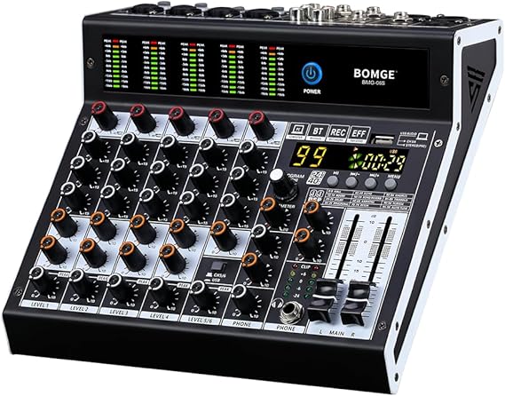 BOMGE Pro Mixer 6-Channel Mixer Console, 99 DSP Effects, +48V Phantom, Bluetooth, USB Interface. 2 AUX. FX Processor for Studio Recording and Live Performance