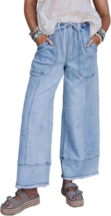 SHEWIN Women's Wide Leg Jeans High Waisted Baggy Jeans Stretchy Drawstring Denim Pants