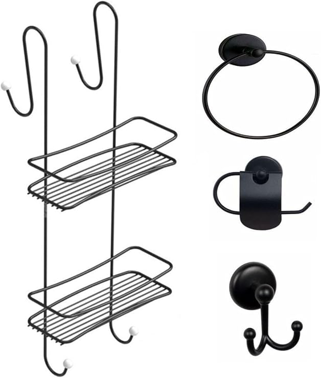 Bathroom Accessory Set 4-Piece Black, Lifetime Stainless Shower Cabin Hanger Shower Rack Shampoo Black