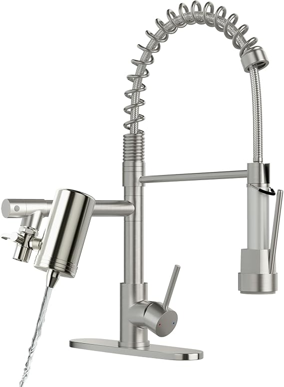 AIMADI Kitchen Faucet with Water Filter and Pull Down Sprayer, Brushed Nickel Stainless Steel Single Handle Kitchen Sink Faucet for Drinking Water, Farmhouse, RV, Utility or Laundry Sink