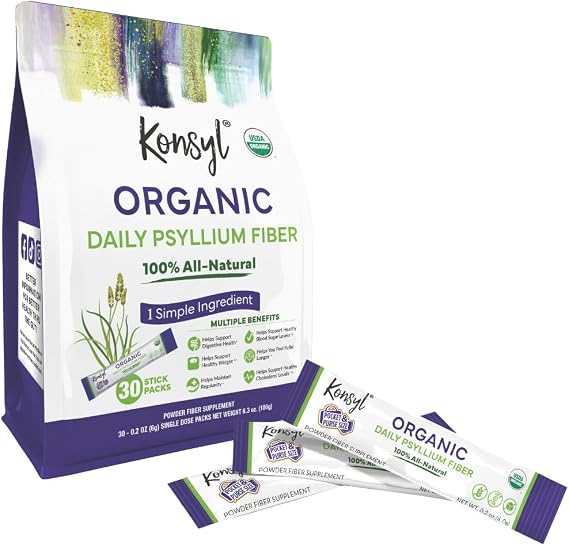 Konsyl USDA Organic Psyllium Husk Powder - 6g Sticks, 30 Pack - Natural Unflavored Soluble Dietary Fiber Supplement - Fiber Prebiotic for Digestive Support and Gut Health - Sugar Free, Keto & Vegan