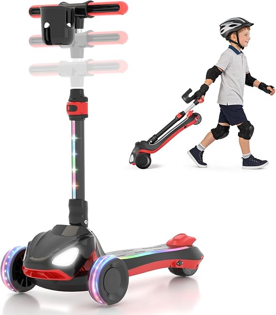 SIMATE Electric Scooter for Kids Ages 3+, 3 Wheel Balance Scooter, 3 Adjustable Heights, Foldable & LED Display & Thumb Throttle, Long Battery Life, Full Body Lights Up, Gift for Kids Boys Girls