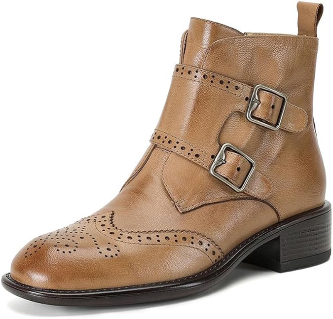 Women's Leather boots, Monk Strap Deign Oxfords Booties, Double Buckles, Womens Wingtip Side Zipper Ankle Boots