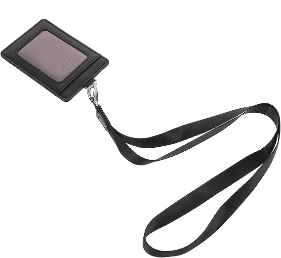 Multi-Function Pu Credit Cards Holder with Lanyard, Vertical Id Badge Cover Protective Sleeve, Black Security Badge Holder for Work and Exhibition Use