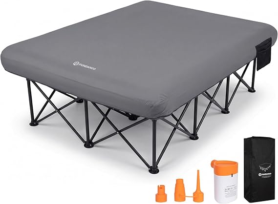 FUNDANGO Queen Camping Cot with Electric Pump and Air Mattress, 80 x 60 in | Removable & Washable Cover, Folding Frame, Cup Holders, Carry Bag, for Tent