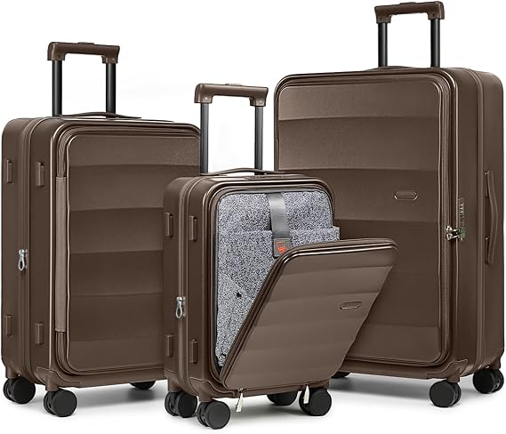 Joyway Expandable 3 Piece Luggage Sets with Front Pocket, Coffee | Top Opening Suitcase, Laptop Compartment, Silent Spinning Wheels, Lightweight Hard Shell. Great For Family Travel