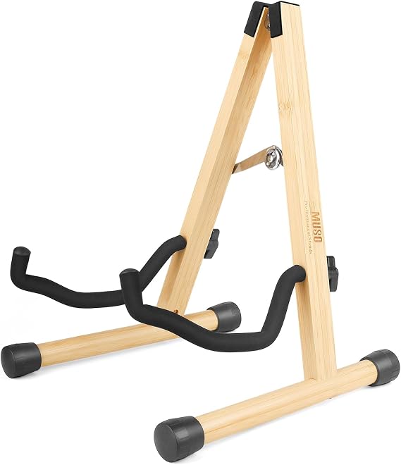 MUSO Guitar Stand, A-Frame Folding, Easy Assembly and Portable, For Bass, Ukulele, Banjo, Cello, Mandolin, Solid Holder, Durable (Bamboo)