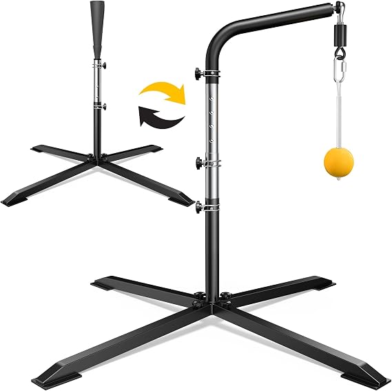 2-in-1 Baseball & Softball Swing Trainer Standard Rope Version, Adjustable Height 30"-46", Heavy-Duty X-Base, Durable Build for Stable Backyard Practice