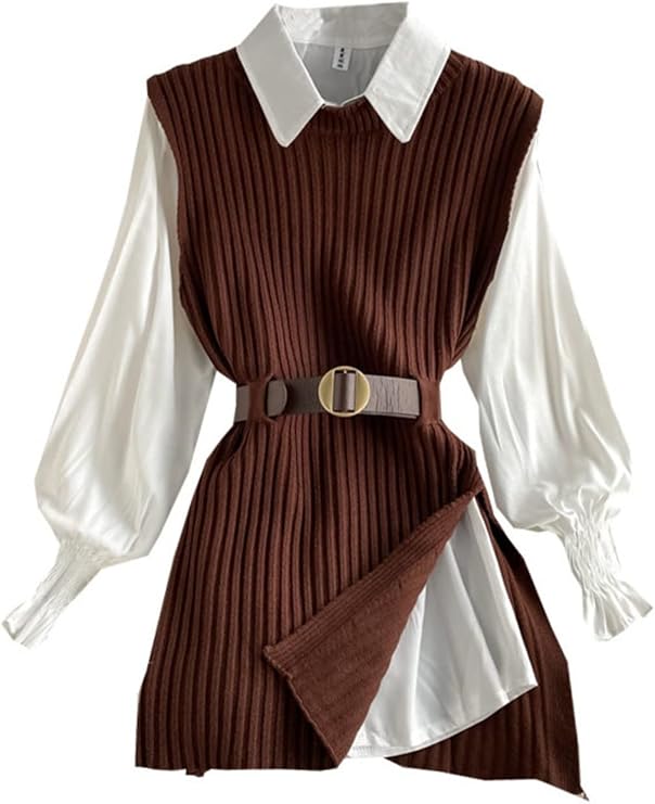 Suwequest Women Black Knitting Vest Belt Shirt Turn-Down Collar Long Sleeve Two Piece Spring Brown One Size