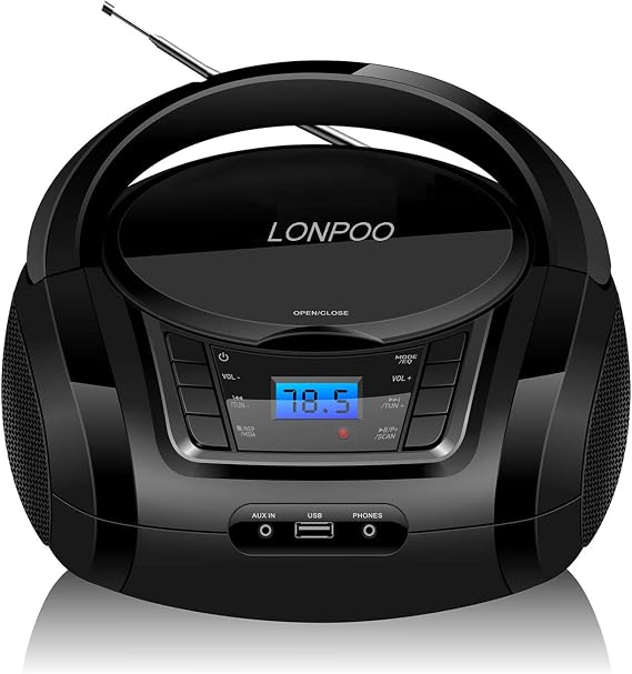 LONPOO Tragbarer CD-Player Boombox mit FM-Radio/Bluetooth/USB/AUX-Eingang 35 mm Kopfhöreranschluss 2x2w Klarer Stereoklang (LP-D03B)