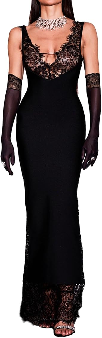 BELLA BARNETT Maxi Black Lace Dress Sexy Bandage Dress