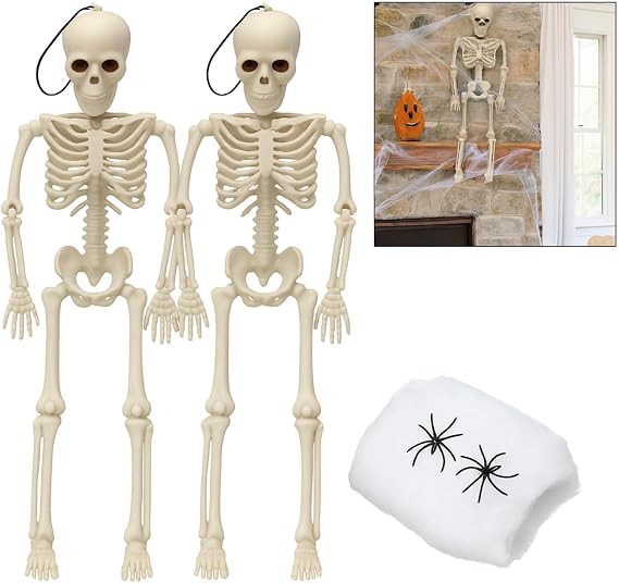 Poseable Skeleton Halloween Decorations, 2PCS 16-Inch Movable Skeletons with Hanging Loop, 2 Mini Fake Spiders & 20g Spider Web, for Halloween Party Decoration, Indoor Outdoor Party Graveyard Decor