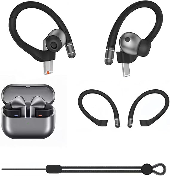 Samsung Galaxy Buds 3 Pro/Buds 3 / Buds 3 FE用ソフトシリコンイヤーフック – 滑り止めフィット ストラップ&クリーニングクロス付き ブラック