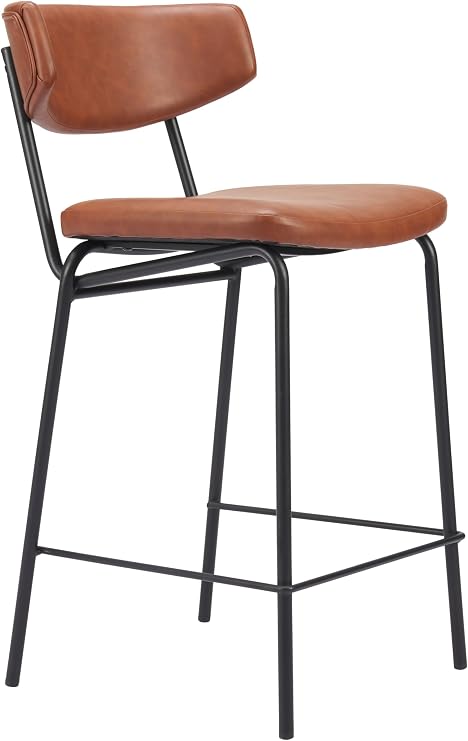 Zuo Charon Counter Stool (Set of 2) Vintage Brown, Brown Counter Stool, Modern Style, Faux Leather, Plush and Durable Faux Leather Fabric, Steel, Indoor Bar, 18.5" W x 22.4" D x 36.2" H