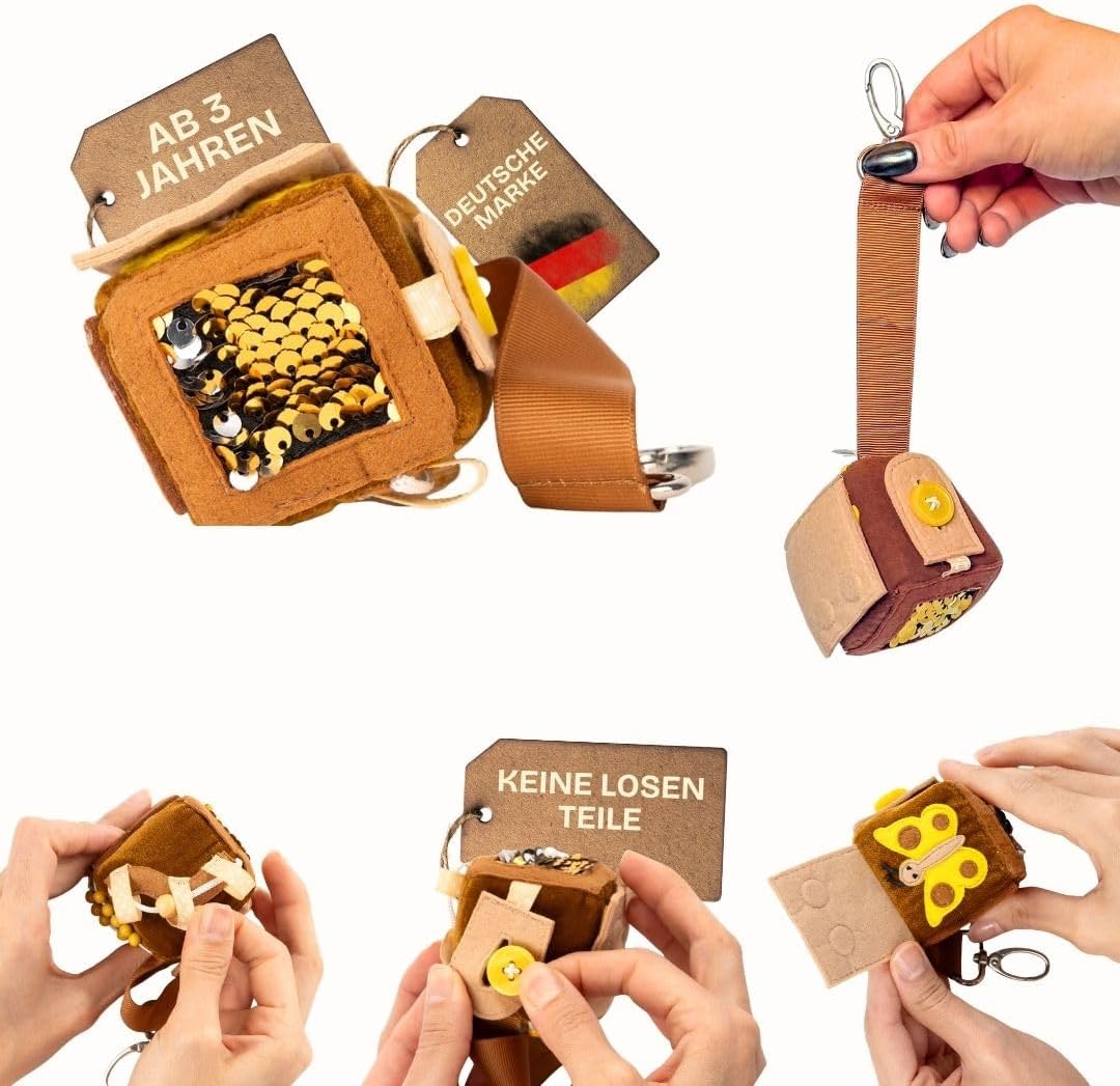 Jolly Designs Calmi Cube Yelli - Anti-Stress Cube & Fabric Fidget Toy - Montessori Toy & Sensory Anti-Stress Tool for Children & Adults - Quiet Handmade & Sustainable