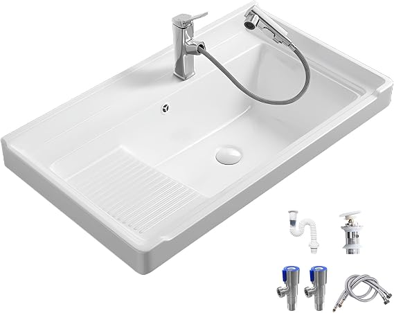 White Ceramic Laundry Sink with Washboard, Bathroom Utility Sink with Pull Out Faucet, Full Installation Kit for Laundry Room, Balcony, Bathroom(101x48x18.5cm/40x18.9x7.3in)