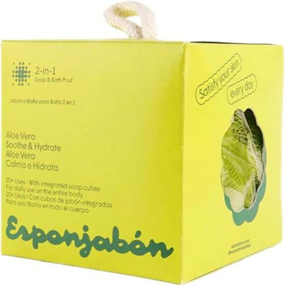 T.Taio Esponjabon Shower Bath Puff Soap Sponge - Loofah Luffa Loufa Body Wash Ball - Mesh Pouf Scrubber for Full Cleanse Lather Skin Care - Essential Beauty Bathroom Accessories - Aloe Vera Scent