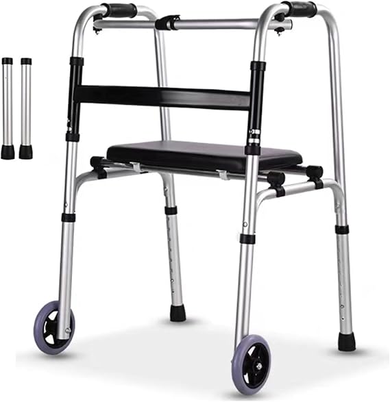 Lightweight Walking Frames for The Elderly,Foldable Stand Up Walker Standing with Seat,Folding Walking Frame with 2 Wheels,6-Level Height Adjustable Aluminum Walkers,2 Usage Modes (A)
