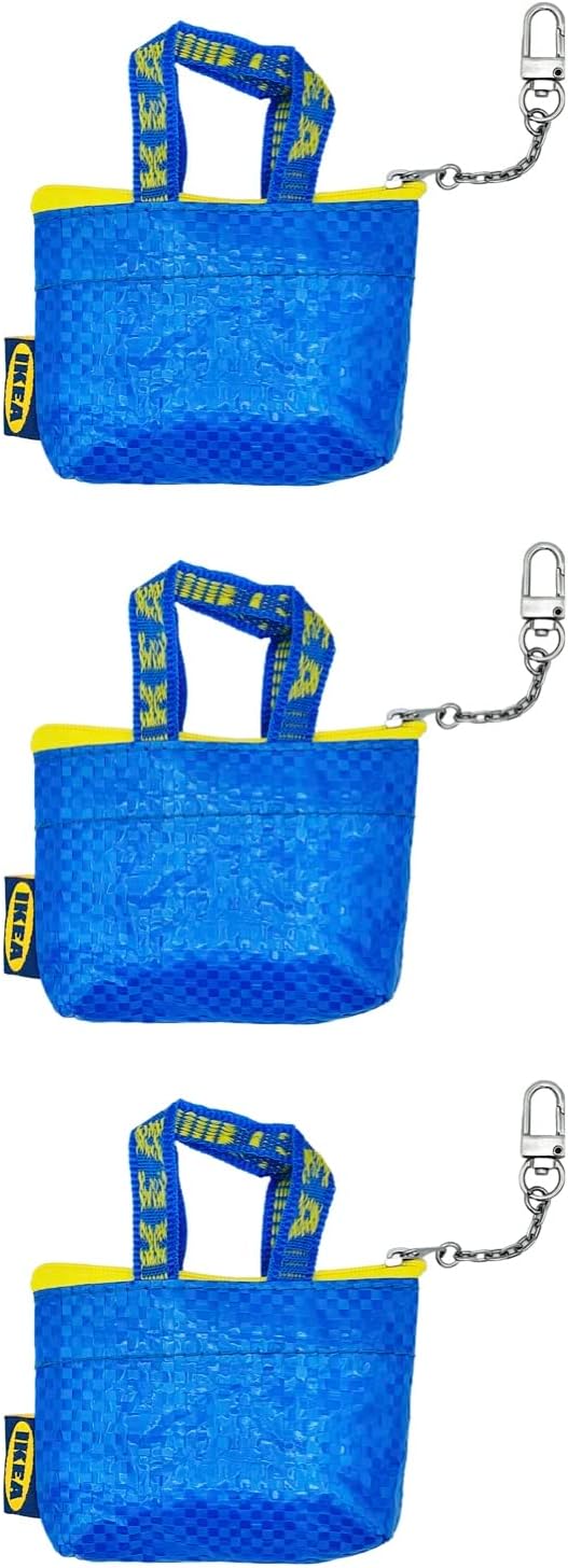 Ikea KNOLIG Mini Blue Bag Coin Purse with Key Chain, 104.782.42, FRAKTA Style, Zipper Closure, 9 x 7 x 3 cm - Set of 3, Blue, 9x7x3cm