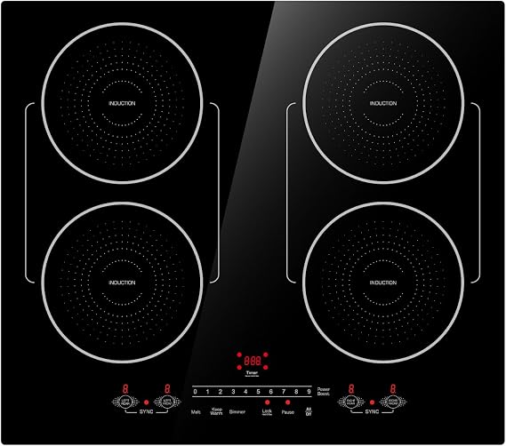 24 Inch Induction Cooktop 4 Burners, Flat Glass Top Electric Stove with Bridge-SYNC, 3 Preset Modes Booster, Timer, Pause, Child Lock, Drop in, 208~240V/40A, Black