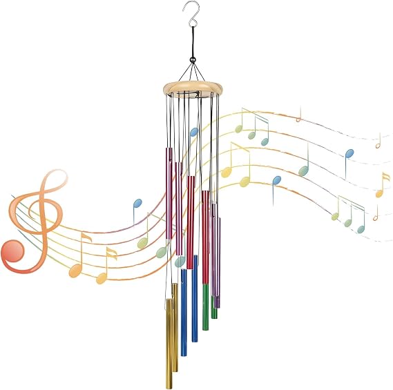 Wind Chimes Outdoor, Windchimes for Garden with 12 Colorful Aluminum Tubes, Garden Chimes for Patio Balcony Yard Decoration, Indoor Outdoor Hanging Decor for Meditation Spaces