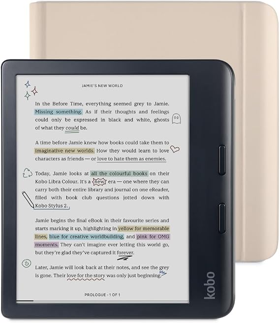 Kobo Libra Colour Black eReader & Sand Beige Notebook SleepCover Bundle | 7 Glare-Free Colour E Ink Kaleido 3 Display | Dark Mode Option | Waterproof | Built-in-2-Way Stand Cover
