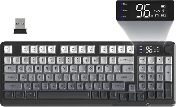 FREEWOLF M96 Wireless Gaming Membrane keyboard, Knob Control BT/2.4G Wireless, Mechanical Feeling, RGB LED Backlit with Display Screen, PBT Keycap, 3000mAh, US Layout for Win/Mac - Black Gradient