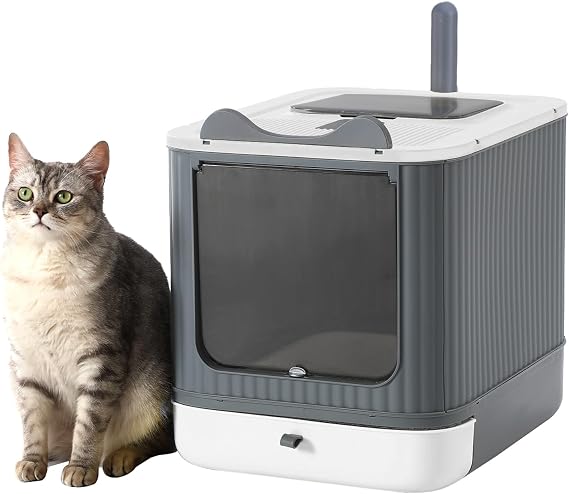 Foldable Enclosed Cat Litter Box with Lid, for Kitten to Medium, Gray-White
