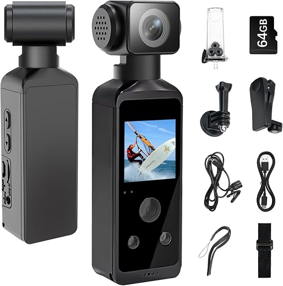 5K HD Body Camera with Audio and Video, Sports Action Camera with 270° Rotatable Lens, Vlogging Camera for Travel, Outdoor Sport, Cycle, Clip and 64GB TF Card Included