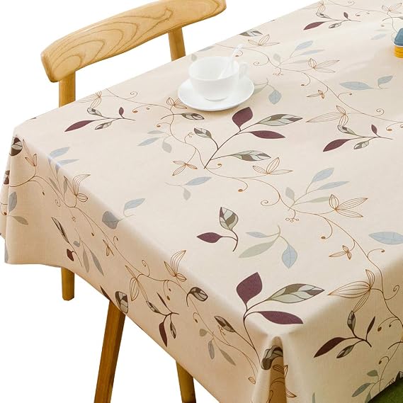 TruDelve Heavy Duty Vinyl Tablecloth Beige Plastic Table Cloth Waterproof Wipeable Oilcloth Plastic Tablecloths for Rectangle Tables (54'' x 108'', Leaves)