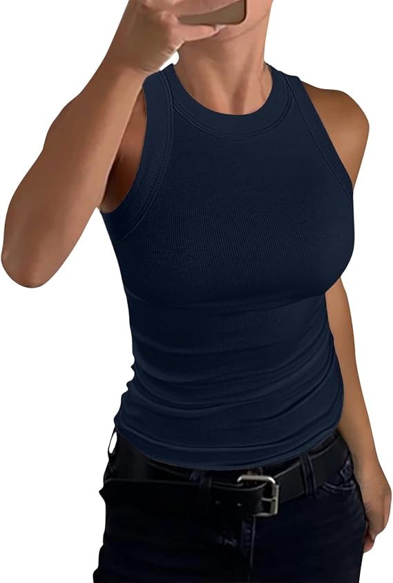 Racerback Tank Tops for Women Ribbed High Neck Sleeveless Tops Summer Workout Fitted Tank Top Cute Basic Cami Shirt