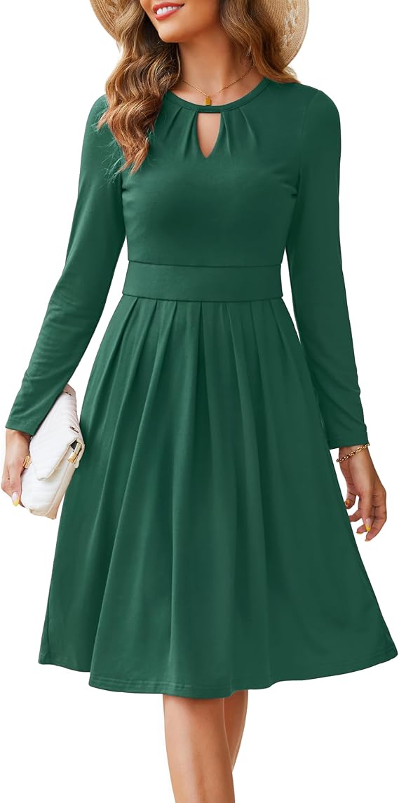 Annebouti Womens 2026 Spring Long Sleeve Keyhole Neckline A-Line Pleated Casual Semi-Formal Midi Dress with Pockets