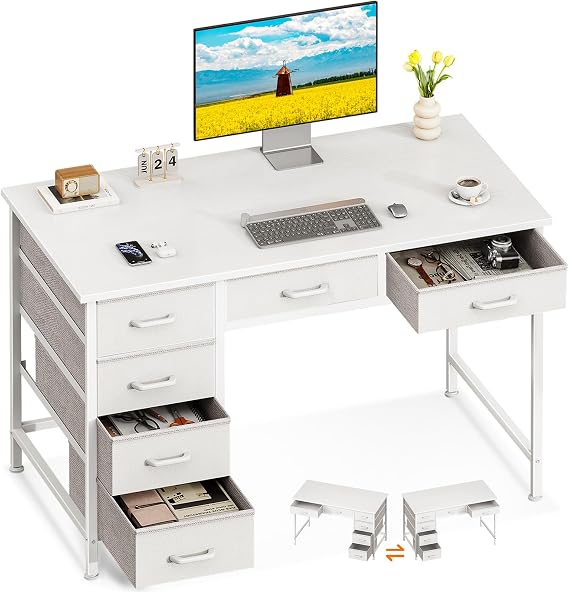 ODK 40 Inch White Computer Desk with 6 Drawers