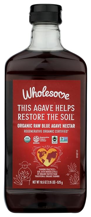 Wholesome Sweeteners 18.5-Ounce Regenerative Organic Certified Raw Blue Agave Nectar, Fair Trade, 100% Pure, Non GMO, Gluten Free & Vegan, 1 Pack