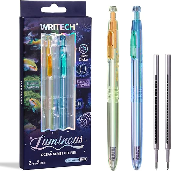 WRITECH Gel Pens Medium Point: Luminous pen set 0.7mm Black Ink Includes 2 Pens and 2 Refills Silent Clicker Smooth Writing for School Office & Everyday Use