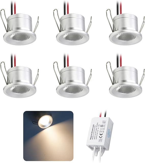 Mini LED Downlights 2W 6pcs DC 12V, IP65 Water Resistant Small Recessed Spotlight, 25mm Round Plinth Spot Light Cabinet Showcases Displays Hallway Kitchen Staircase Bath Niche (Warm White) [Energy Class F]