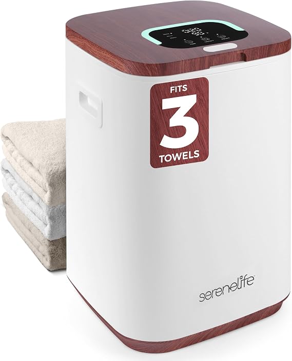 SereneLife Towel Warmer Bucket with Timer, 23L Capacity, Fits 2 Oversized Towels, Wood