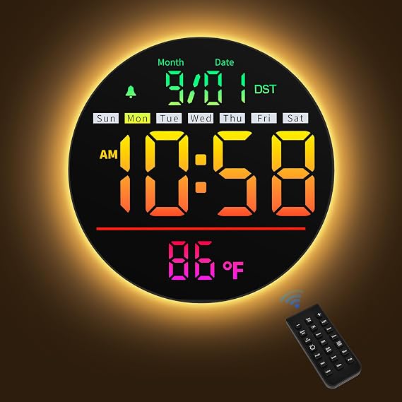 Maxstar Led Digital Wall Clock RGB, Battery Operated, Living Room Decor | 5-Level Brightness Digital Clock: Timer, Sec, Temp, Date, Auto DST, Nightlight, Alarm, Ideal for Class, Bed, Garage, Gym
