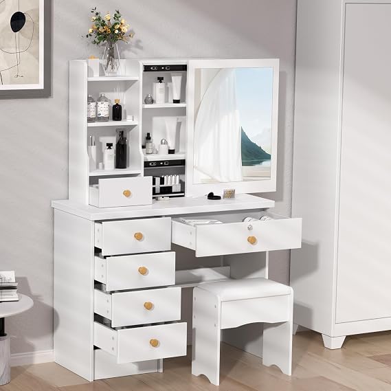 White Dressing Table with Mirror and Stool, Vanity Desk with LED Mirror and Drawers, 3 Hidden Shelves, 3 Open Shelves, 6 Drawers, Makeup Desk for Bedroom (White)