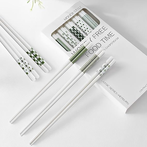 Chopsticks Reusable Green Porcelain 5PC Hepburn Style | Dishwasher Safe, High-grade Bone Ceramics, Delicate Box Included