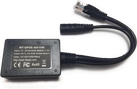 PoE Texas 12-30V to PoE Inline Converter with Gigabit Data | PoE Texas Power Over Ethernet Inline Converter Injector - Instantly Step Up Voltage to IEEE 802.3af Compatible PoE
