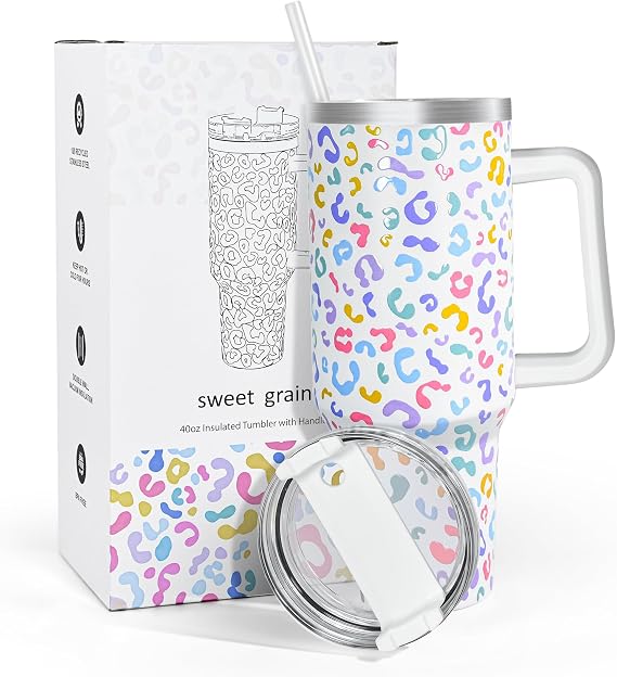sweet grain 40 oz Tumbler with Handle and Straw, Keeps Drinks Cold Up to 24 Hours Leopard Tumbler, Stainless Steel Vacuum Insulated Travel Mugs for Water, Iced Tea or Coffee(Colorful)
