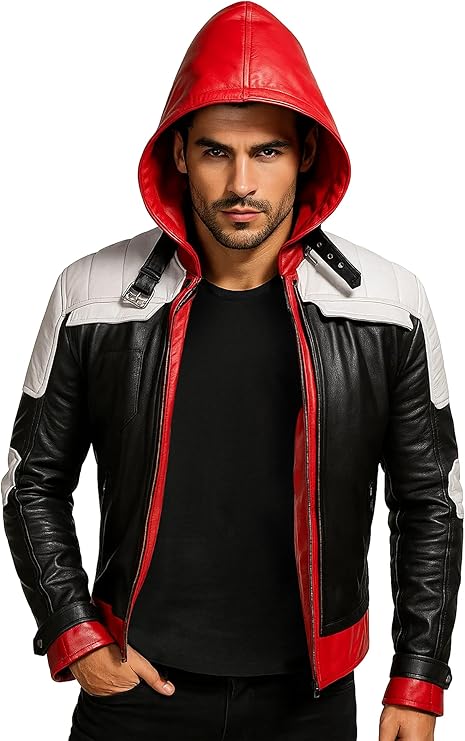 Mens Knight Red Hood Jacket - Halloween Costume Faux Leather Cosplay Superhero Red Hooded Jacket