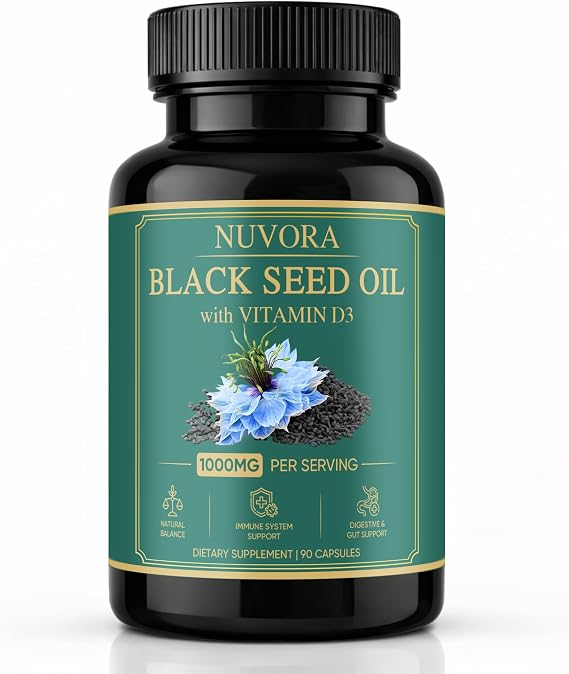 Nuvora Black Seed Oil Capsules - 1000mg with Turmeric & Black Pepper Extract, Standardized 5% Thymoquinone for Daily Balance & Immune Support, Non-GMO, Gluten-Free - 90 Capsules
