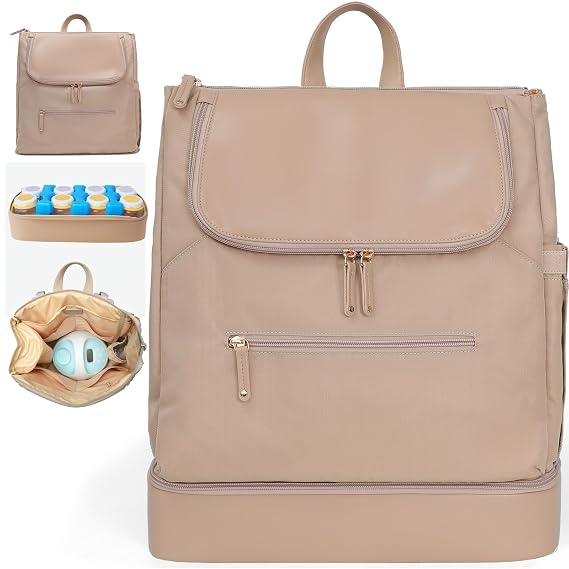 MOMINSIDE Diaper Bag Backpack - Large Baby Diaper Bag with 14 Pocket, Leather & Nylon Travel Diaper Backpack for Mom, Breast Pump Bag, Removable Cooler Compartment, Double Layer, Khaki
